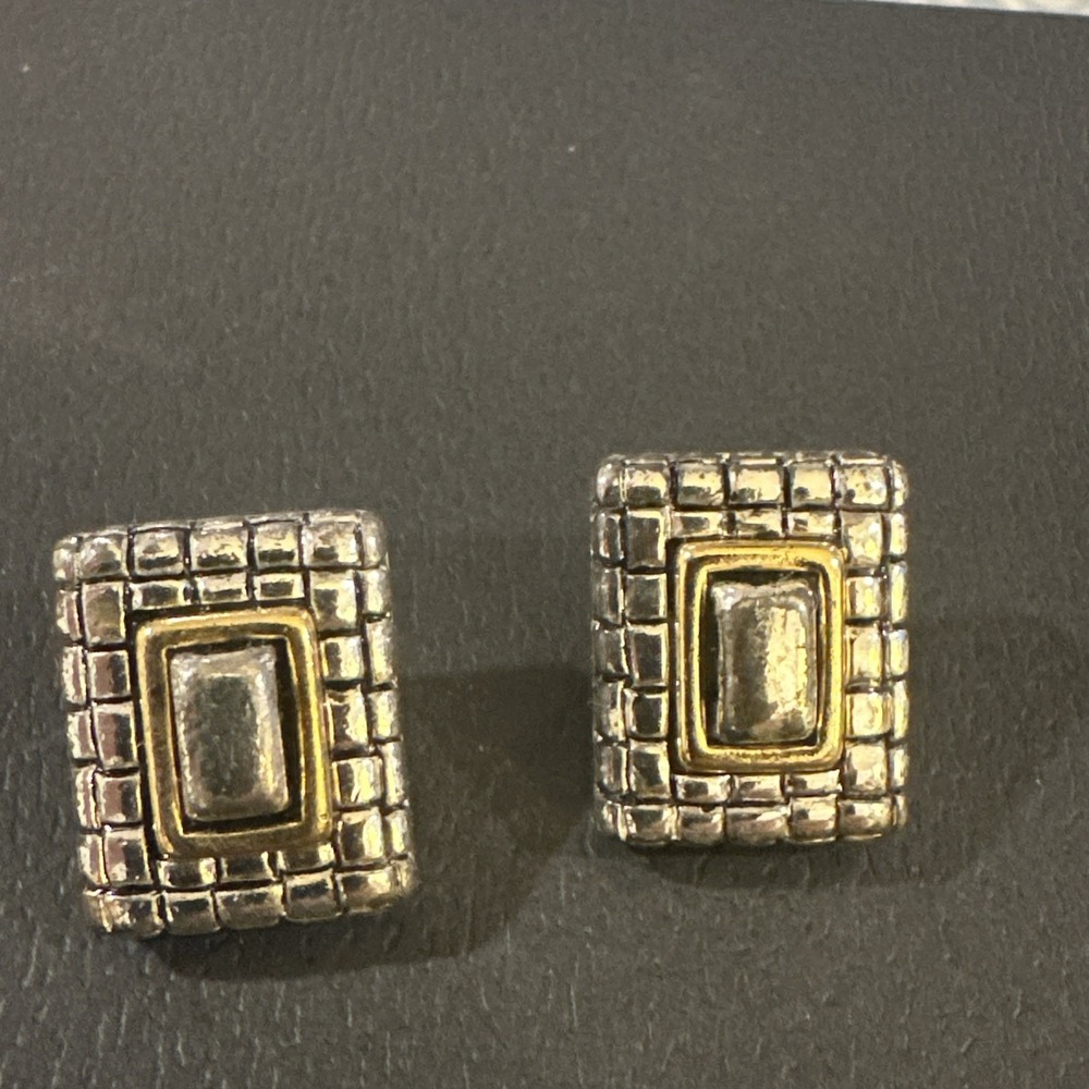 Vintage Geometric Square Dome Stud Earrings Gold & Silver Tone‎ Layered 1980s